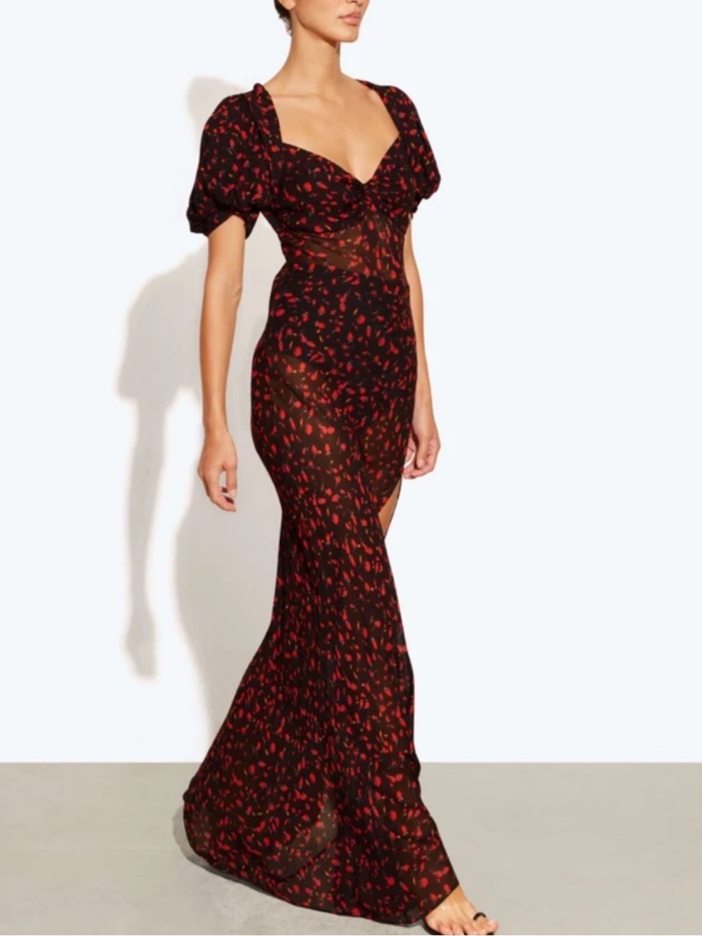 Rat & Boa Magnolia Dress with Red Floral Print and High Slit
